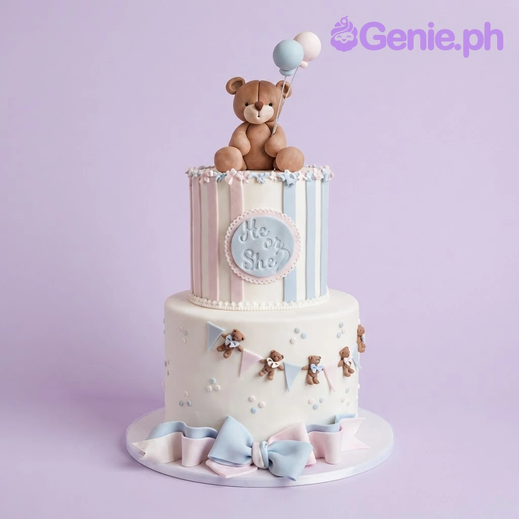 Baby Shower Ivory 2-Tier Cake Ivory 2-tier fondant baby shower cake with smooth icing, a teddy bear topper, and blue decorative stripes