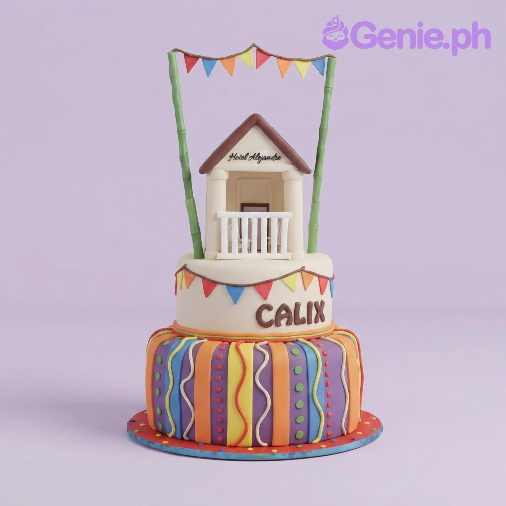 Hotel Beach 2-Tier Birthday Cake White 2-tier fondant birthday cake with a beach hut topper, colorful vertical stripes, and a red gumpaste base board