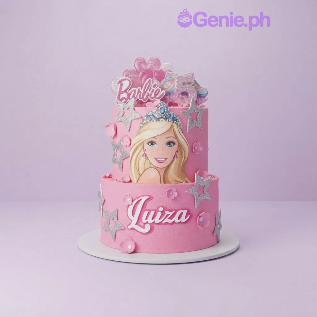 Barbie-Inspired Birthday Light Pink 2-Tier Cake Hot pink 2-tier birthday cake with a Barbie character printout, silver glitter stars, and a name topper