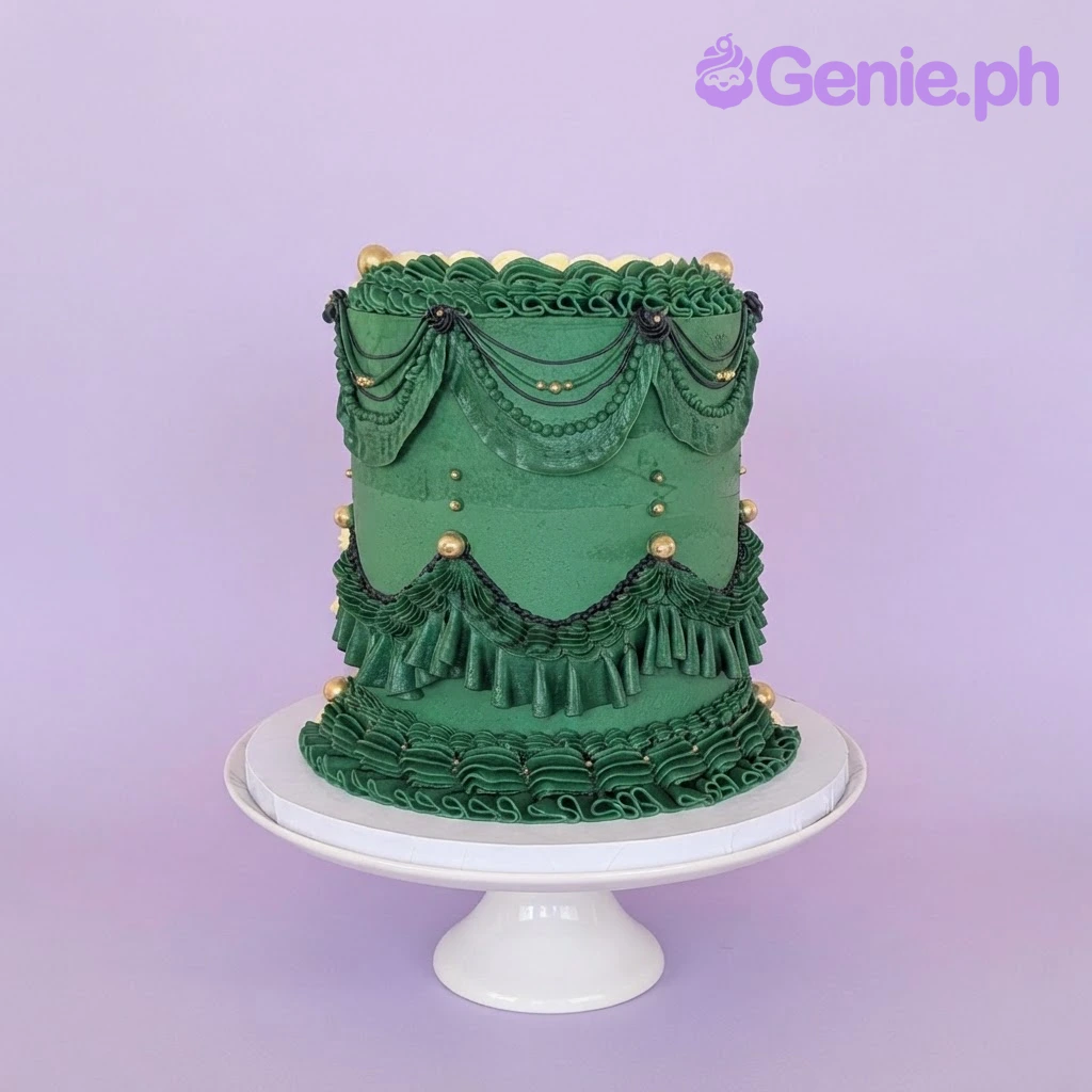 Green Lambeth Ivory Cake Ivory and green 1-tier vintage cake with smooth soft icing, intricate green Lambeth ruffles, and gold pearl accents