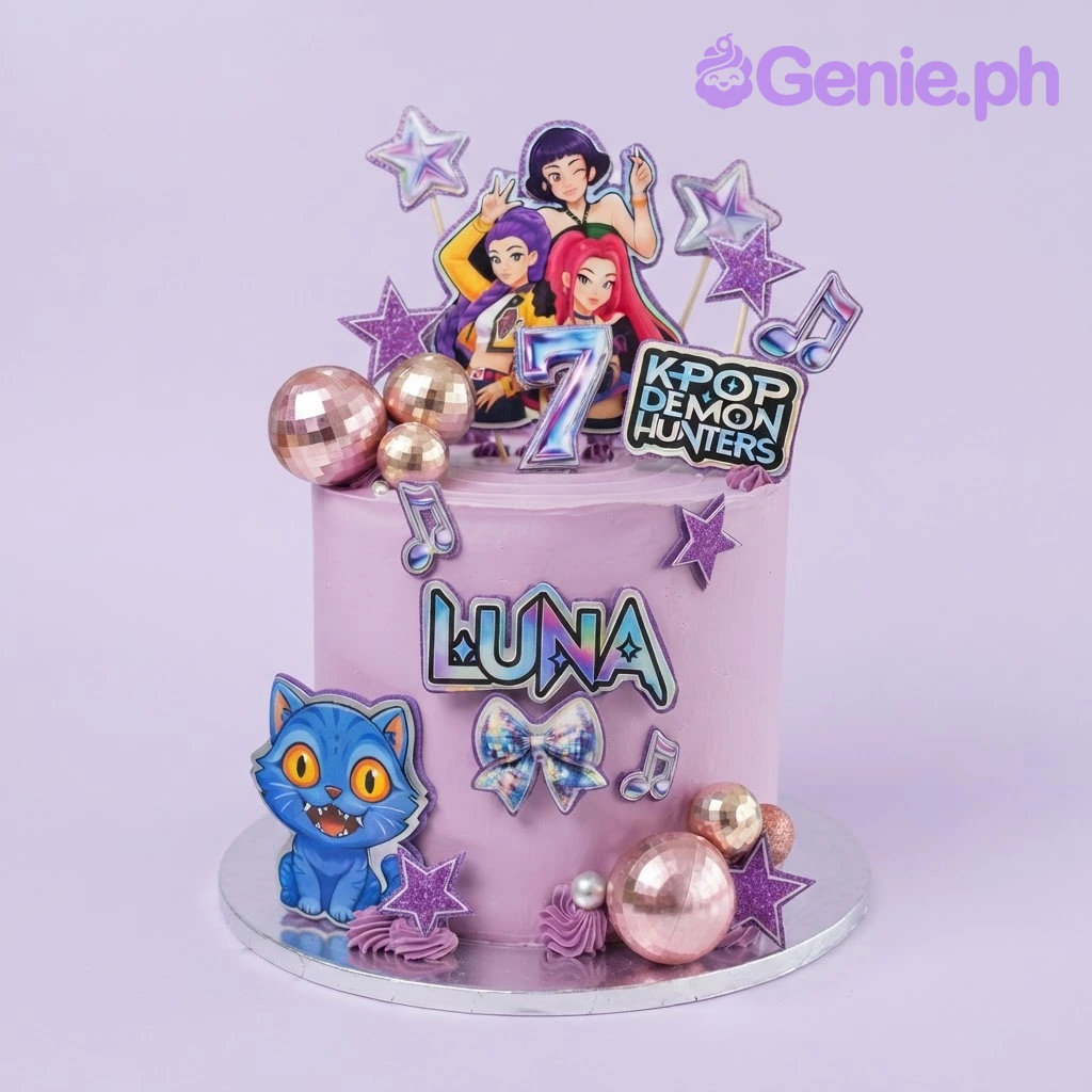 Kpop Demon Hunters-Inspired Lavender Cake Lavender 1-tier cake with soft icing finish, Kpop Demon Hunters theme, and a large character printout topper