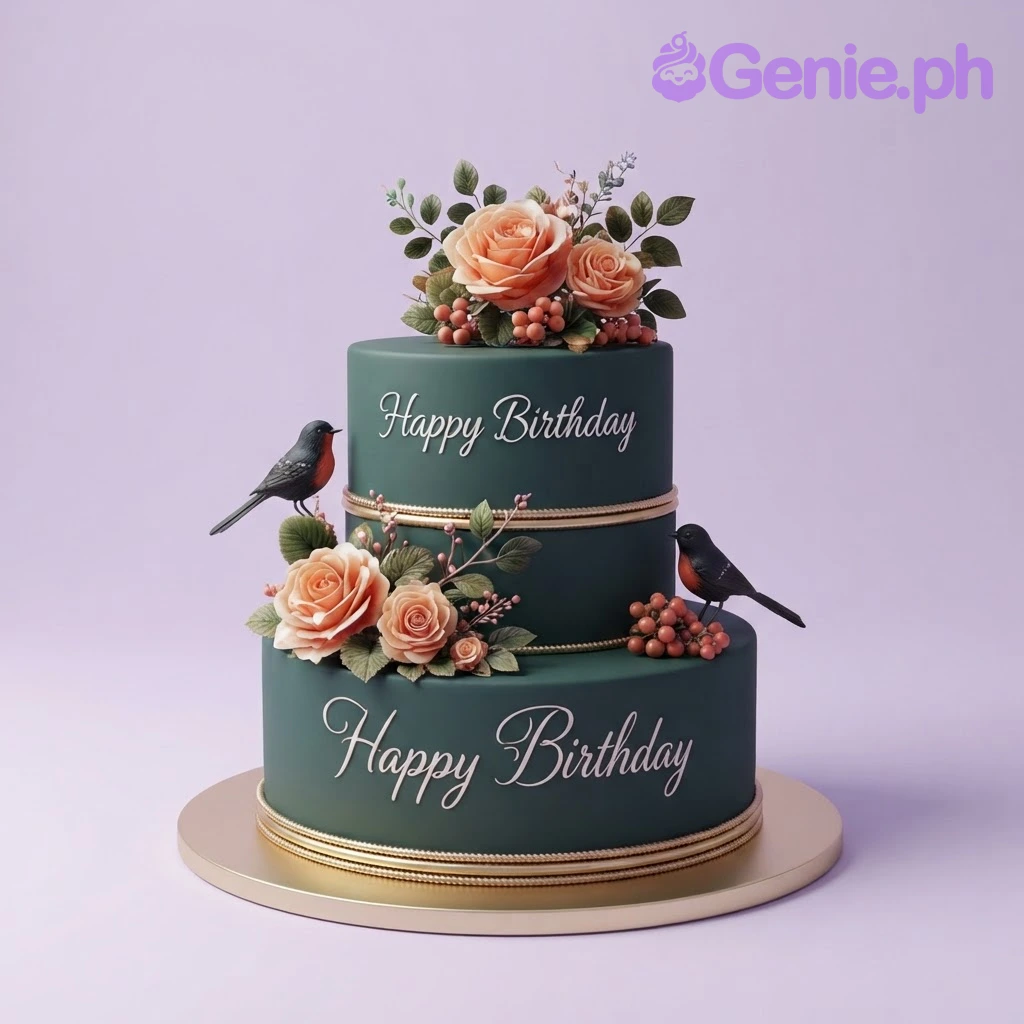 Teal Floral Birds Cake Design