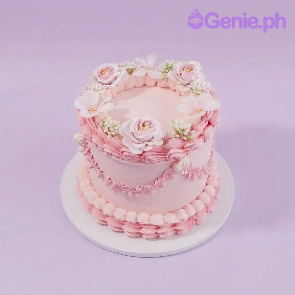 Pink two tier soft icing cake with a floral crown of edible fondant flowers and piped side ruffles Pink two tier soft icing cake with a floral crown of edible fondant flowers and piped side ruffles