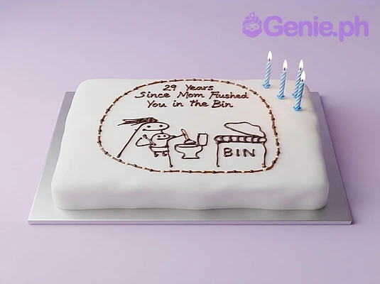 Flork Meme White Cake White square fondant cake with a hand-drawn black icing doodle of a Flork character and a bin, featuring blue candles.
