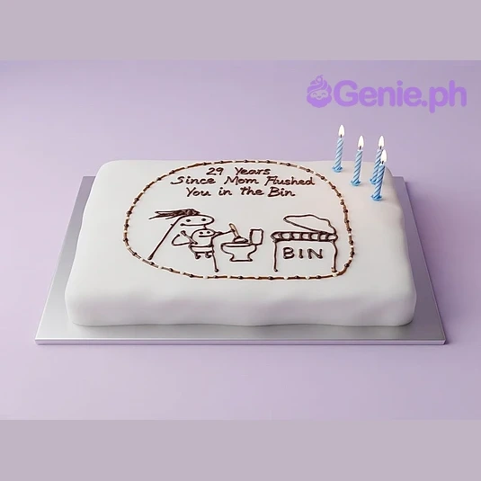 Flork Meme White Cake White square fondant cake with a hand-drawn black icing doodle of a Flork character and a bin, featuring blue candles.