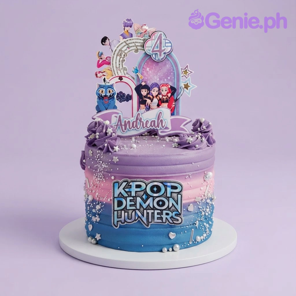 Kpop Demon Hunters-Inspired Birthday Cake Purple pink and blue gradient 1 tier cake with Kpop Demon Hunters printouts and sugar pearls