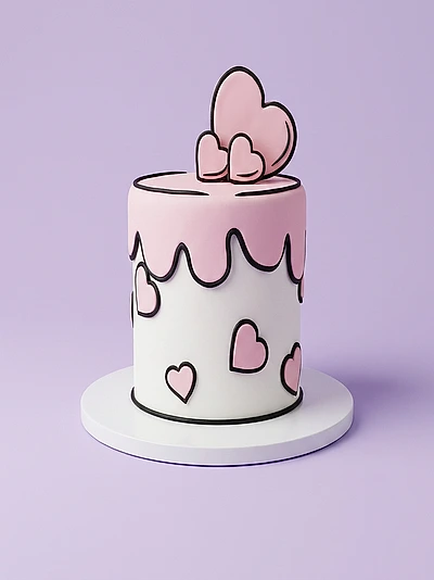 Pink and white 1-tier cartoon style cake with pink fondant hearts and black icing outlines