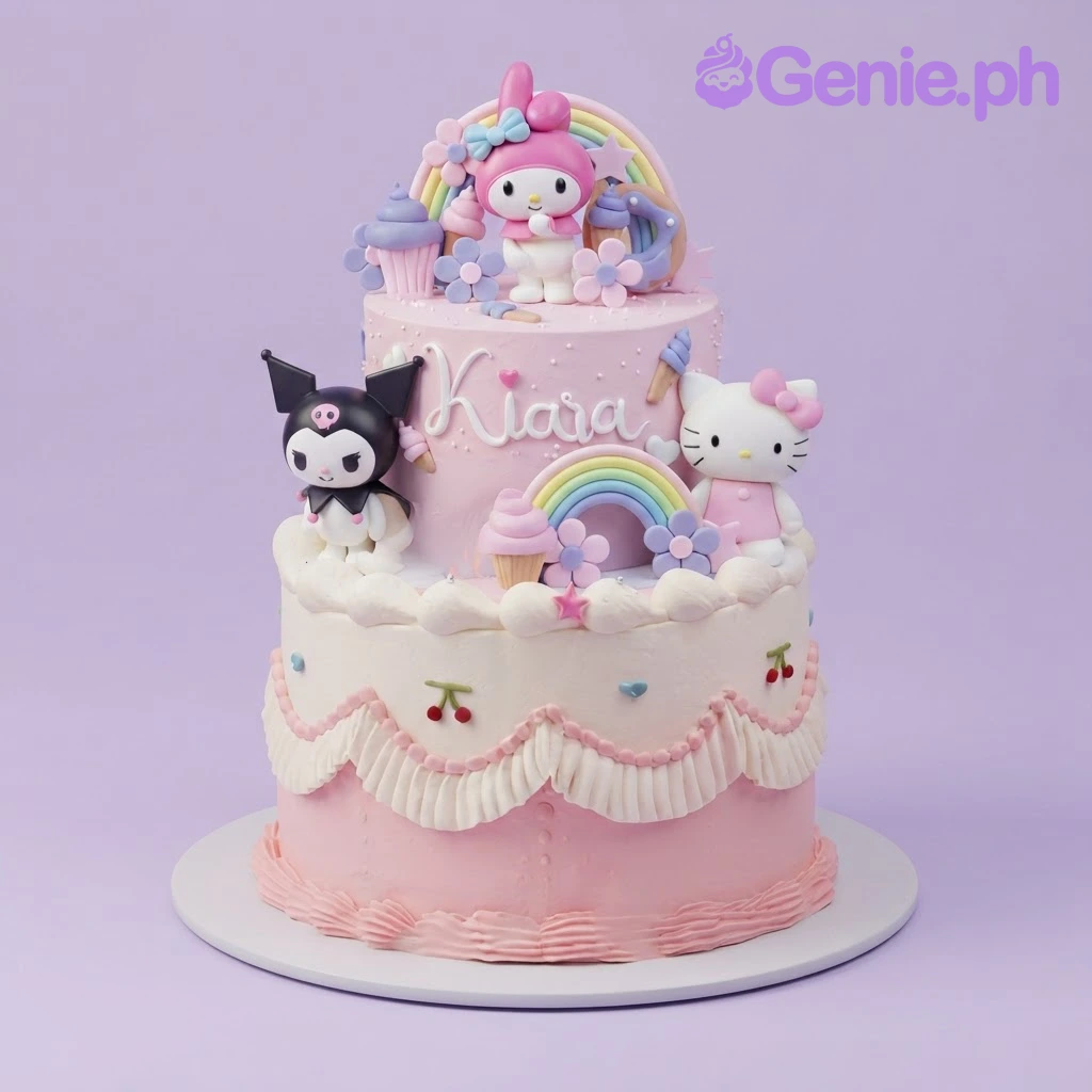 Sanrio-Inspired Characters Pink 2-Tier Cake Pastel pink 2-tier fondant cake with smooth soft icing, Sanrio Characters, and a fondant My Melody figure