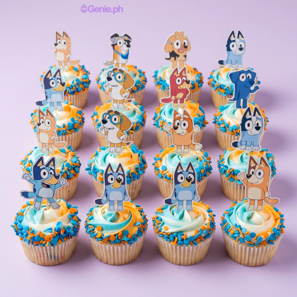 Bluey-Inspired Cupcakes Bluey themed cupcakes with swirled blue, orange, and white icing topped with Bluey character printouts and colorful sprinkles