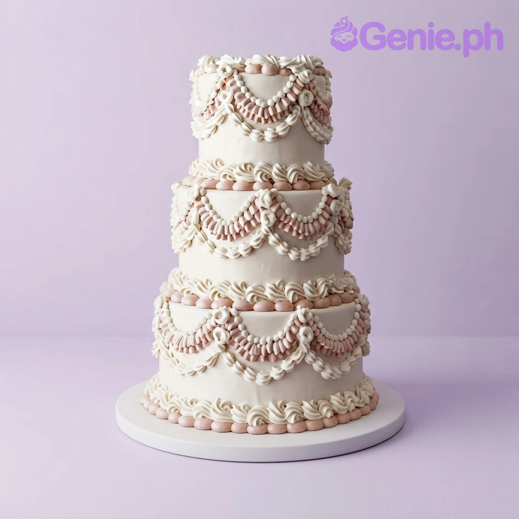 Classic Wedding 3-Tier Cake A 3-tier white fondant cake with intricate piped swags and borders in soft pink and white icing
