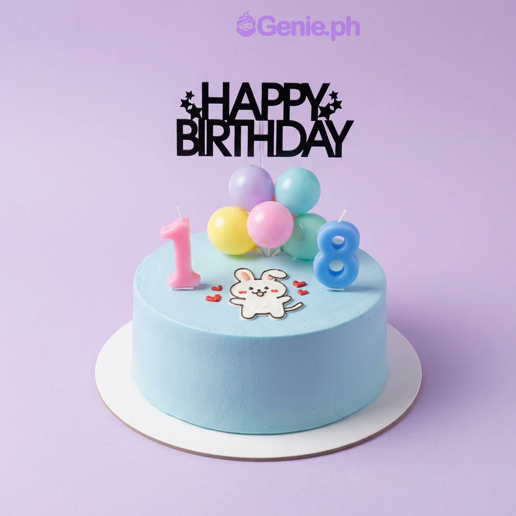 18th Birthday Cake Light blue 1 tier cake with Happy Birthday topper, number 18 candle, character graphic, plastic balls, and red hearts