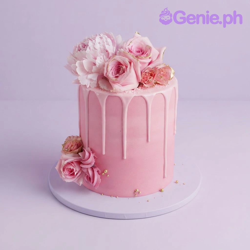 Pink 1-tier cake with white drip icing, a large pink peony topper, and side floral accents Pink 1-tier cake with white drip icing, a large pink peony topper, and side floral accents