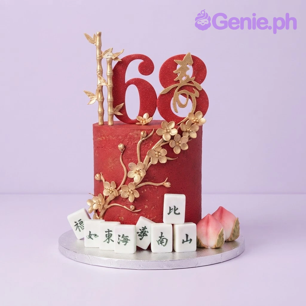 Deep red 1-tier cake with gold bamboo, gold flowers, mahjong tile decorations, and a large red number 68 topper Deep red 1-tier cake with gold bamboo, gold flowers, mahjong tile decorations, and a large red number 68 topper