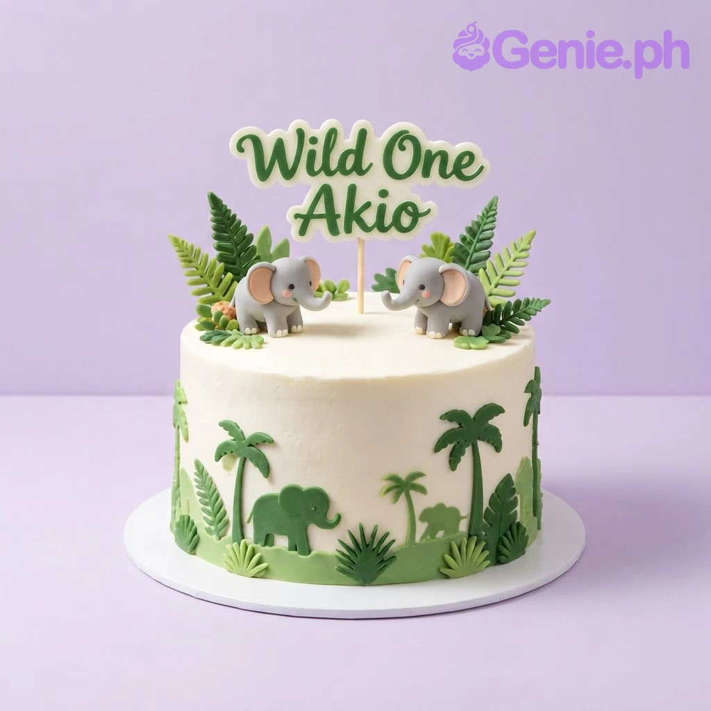 Safari Jungle Ivory Birthday Cake Ivory 1-tier cake with smooth soft icing, jungle palm side panels, and two cute elephant toppers
