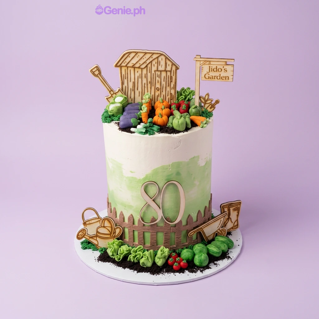 Garden Birthday White Cake White and light green 1-tier cake with a garden theme, wooden shed and sign toppers, and fondant vegetable decorations