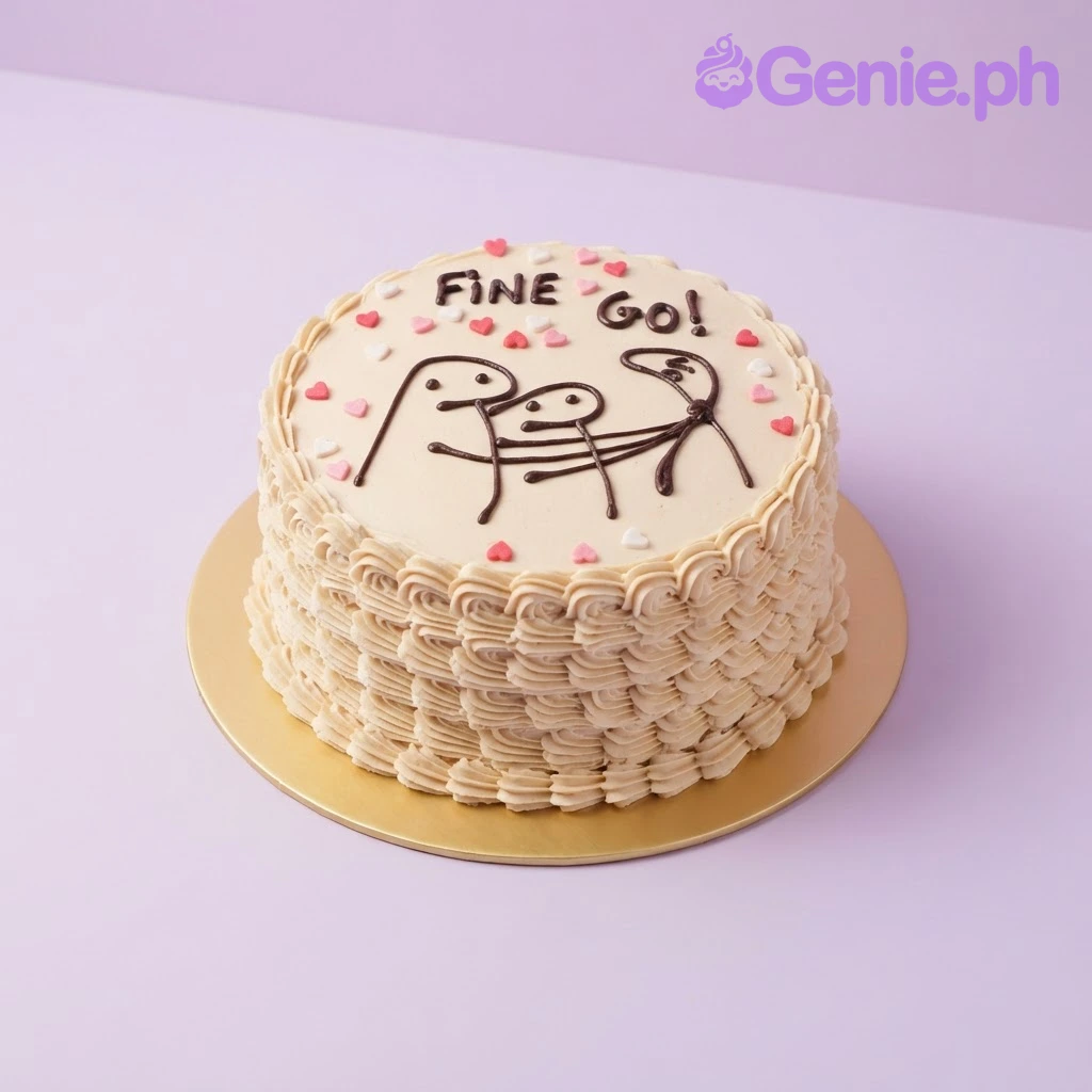 Flork Meme White Cake White 1-tier cake with soft icing, Flork Meme theme, and hand-drawn icing doodle of hugging characters