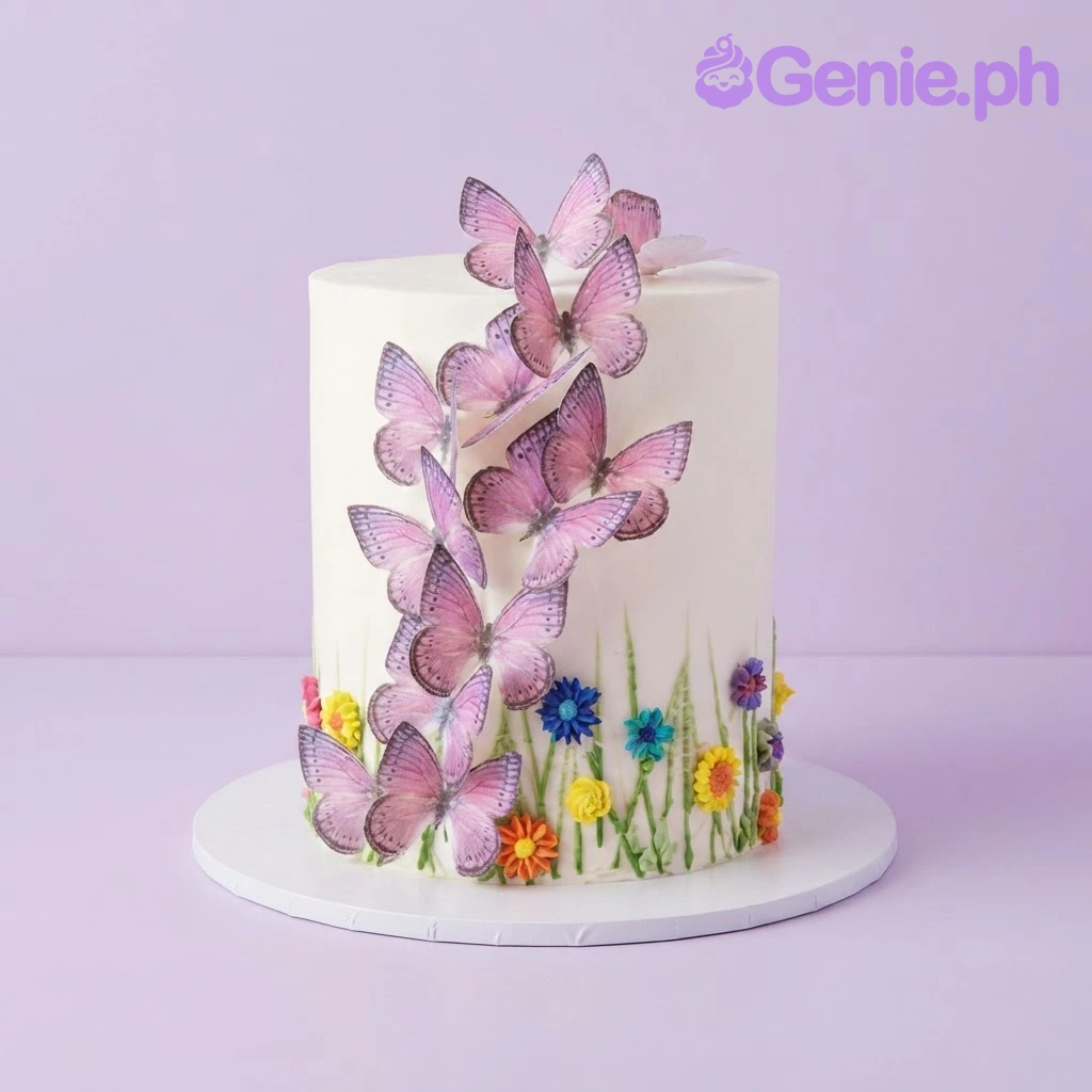 Butterfly White Floral Birthday Cake White 1-tier tall cake with soft icing, cascading purple printed butterflies, and piped grass with tiny flowers