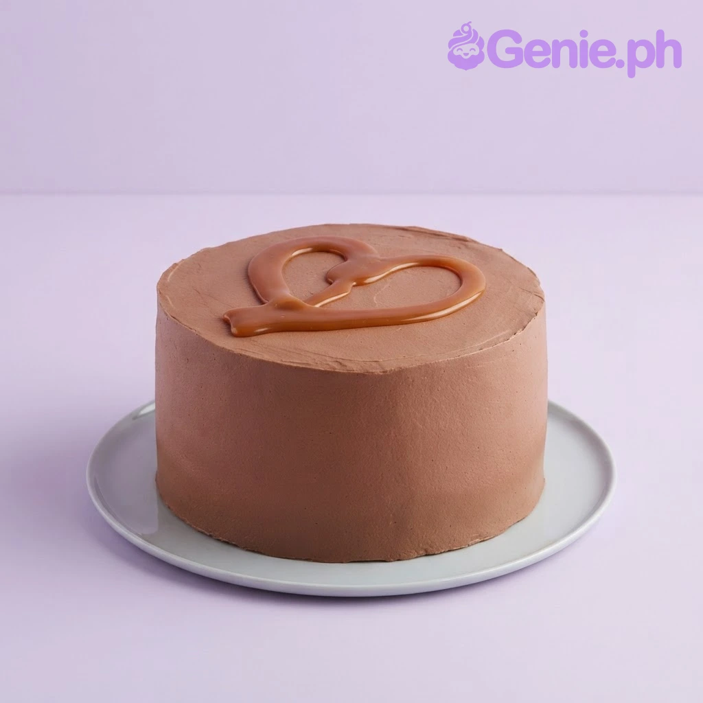 Chocolate Caramel Brown Cake Brown 1-tier cake with smooth soft icing being drizzled with caramel