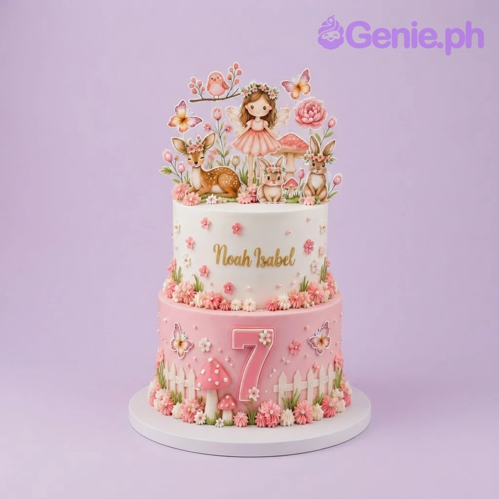 Woodland Fairy Floral 2-Tier Birthday Cake White and pink 2-tier birthday cake with a fairy printout topper, woodland animals, and piped flowers