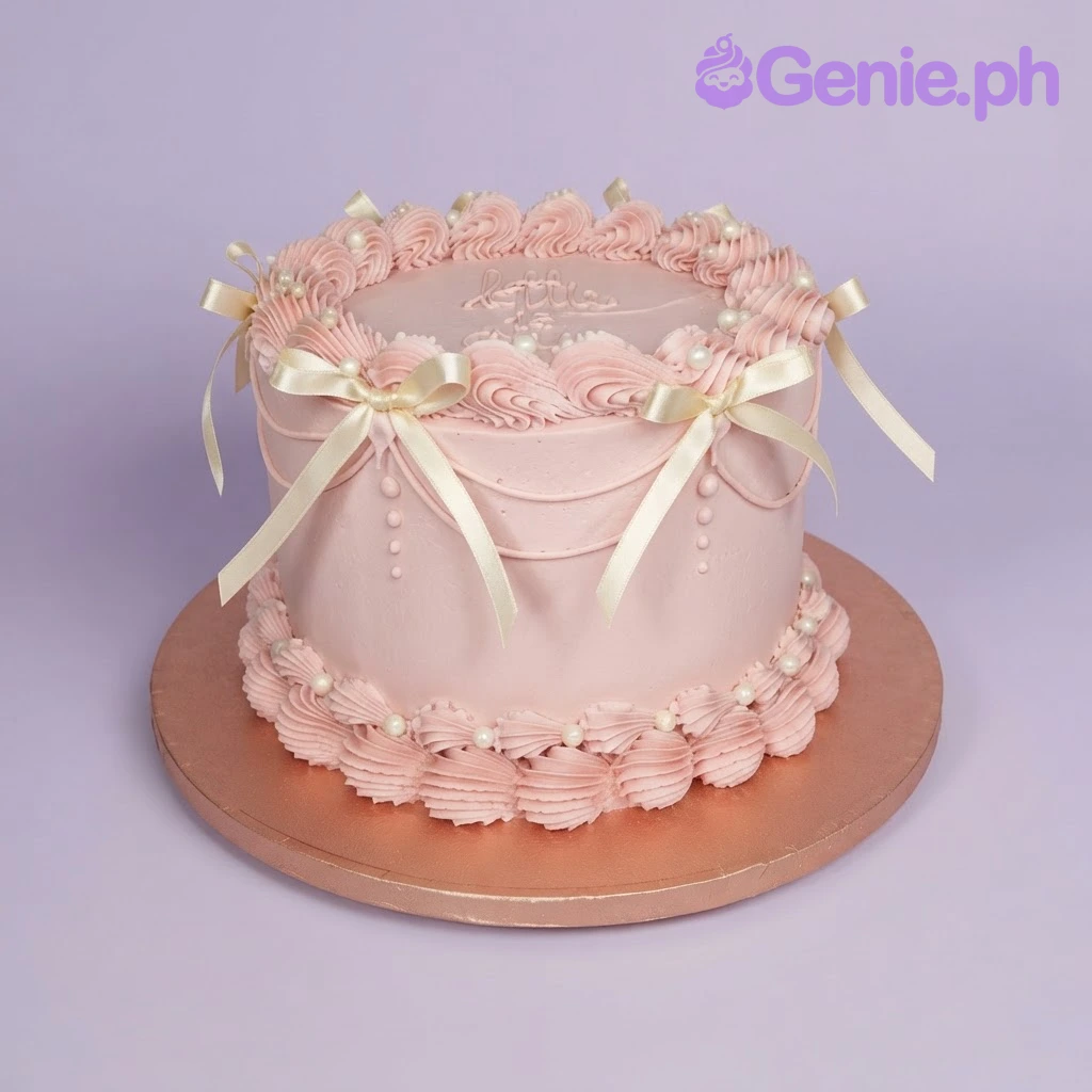 Pink Lambeth Cake Pink 1-tier cake with soft icing, Lambeth piping, satin ribbon bows, and white sugar pearl sprinkles