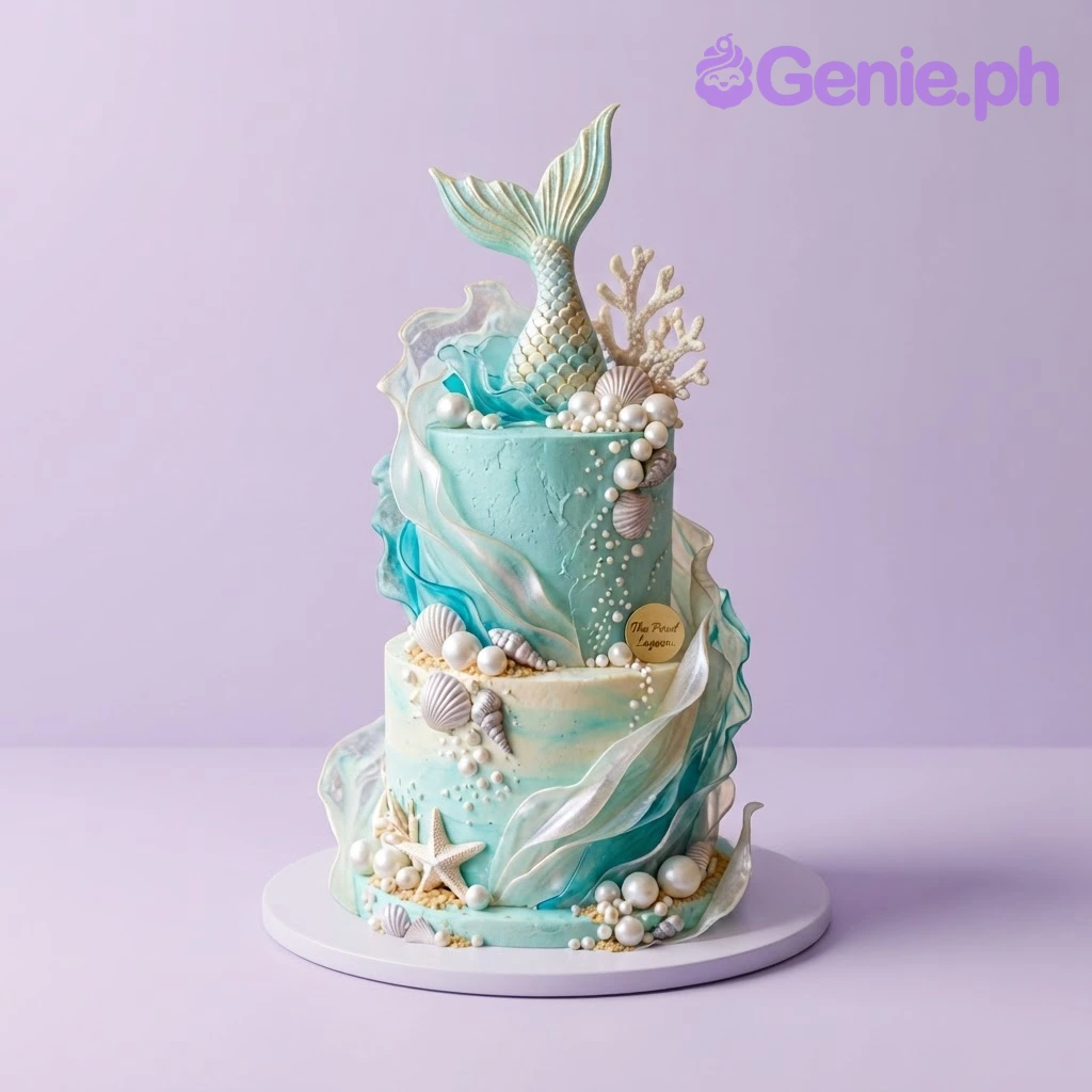 Mermaid Sky Blue 2-Tier Birthday Cake Two-tier light blue cake with a sculpted mermaid tail topper, coral, seashells, starfish, and sugar pearls.