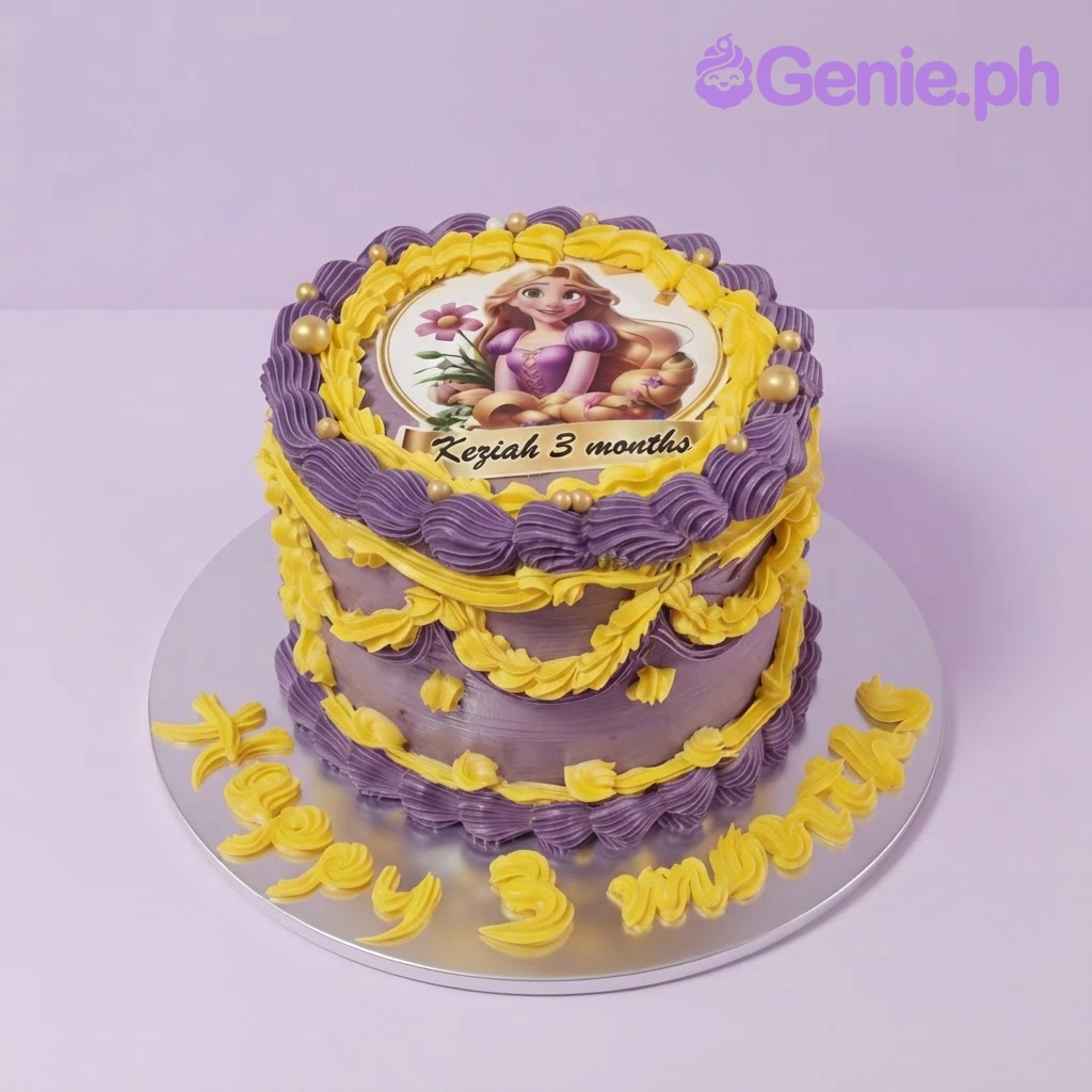 Rapunzel-Inspired Princess 2-Tier Birthday Cake Purple two-tier cake with a Rapunzel edible photo topper, yellow piped icing, and gold pearl accents