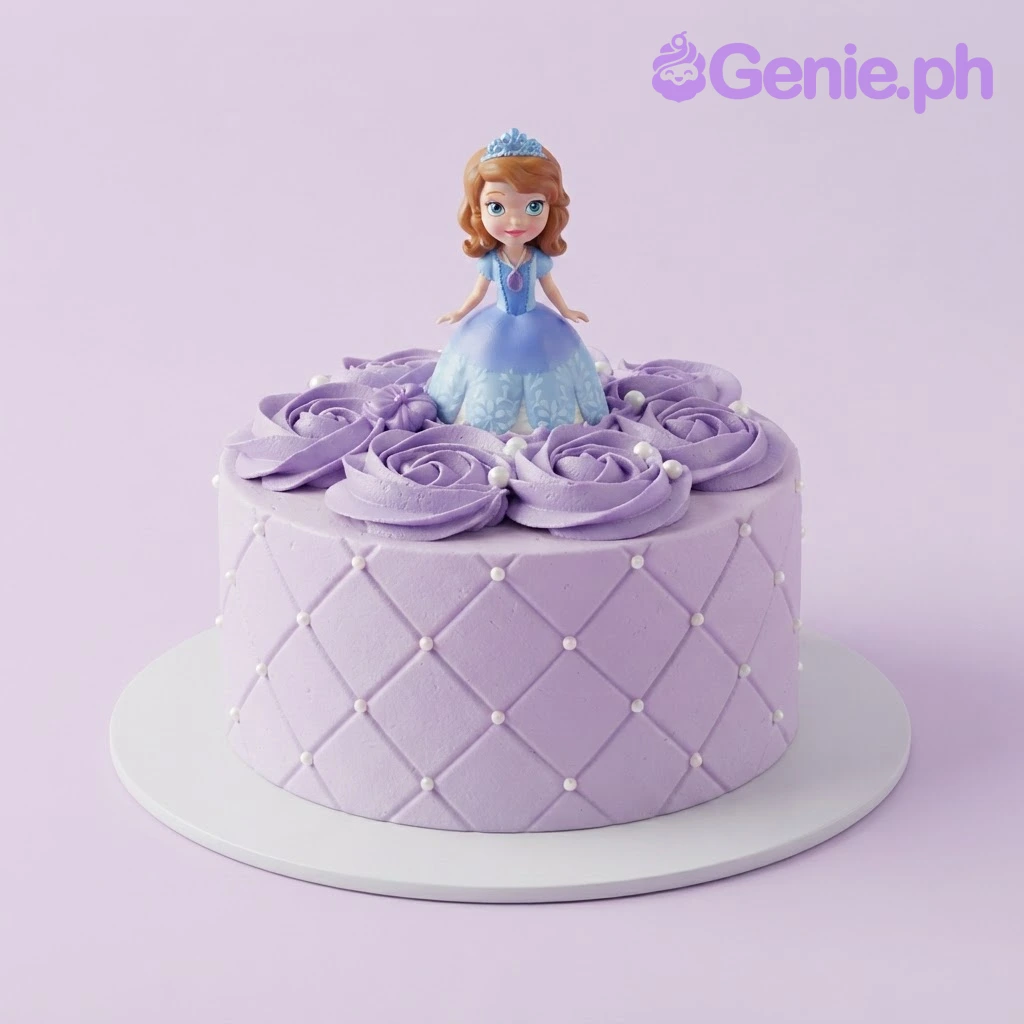 Sofia Princess Lavender Pearl Birthday Cake Lavender 1-tier cake with piped rosettes, a Sofia the First figurine topper, and a white pearl border