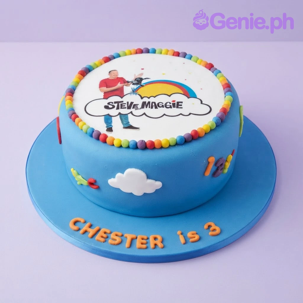 Steve And Maggie White Birthday Cake Light blue 1-tier fondant cake with a Steve and Maggie edible photo top and colorful piped borders