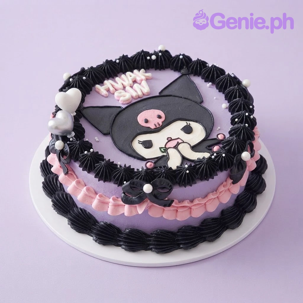Kuromi-Inspired Lavender Cake Lavender 1-tier cake with soft icing, Kuromi character plaque, and piped black rosettes