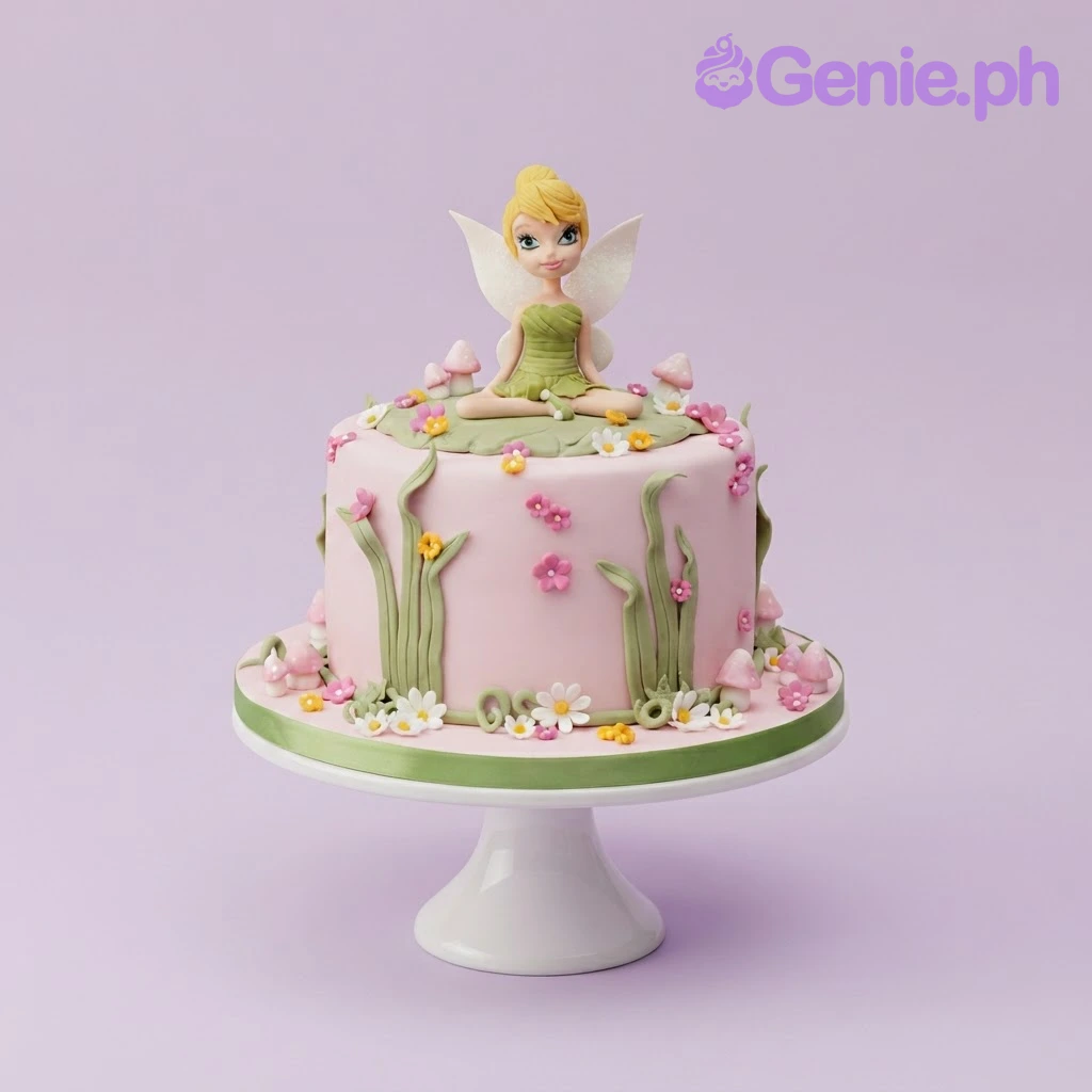 Tinkerbell-Inspired Fairy Pink Birthday Cake Pink 1-tier fondant birthday cake with a fairy character topper, mushrooms, and sugar flowers