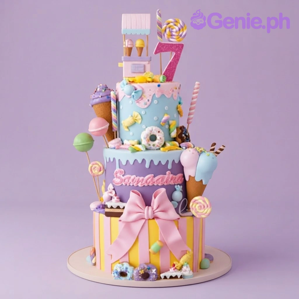 Candy Land Bow 3-Tier Birthday Cake Colorful 3-tier candy land birthday cake with ice cream cones, lollipops, a pink number seven, and a large bow