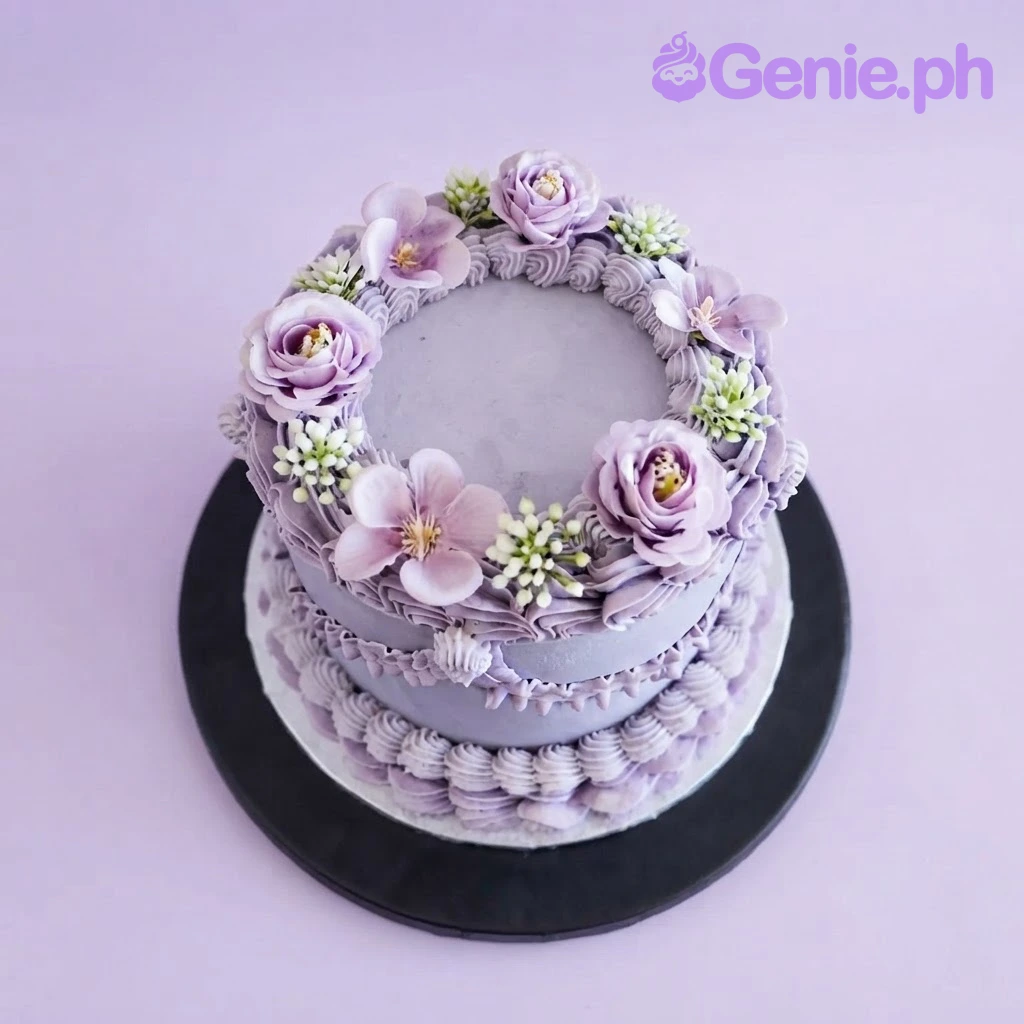 Lavender Floral 2-Tier Cake Lavender two tier soft icing cake decorated with a wreath of purple roses and white filler flowers