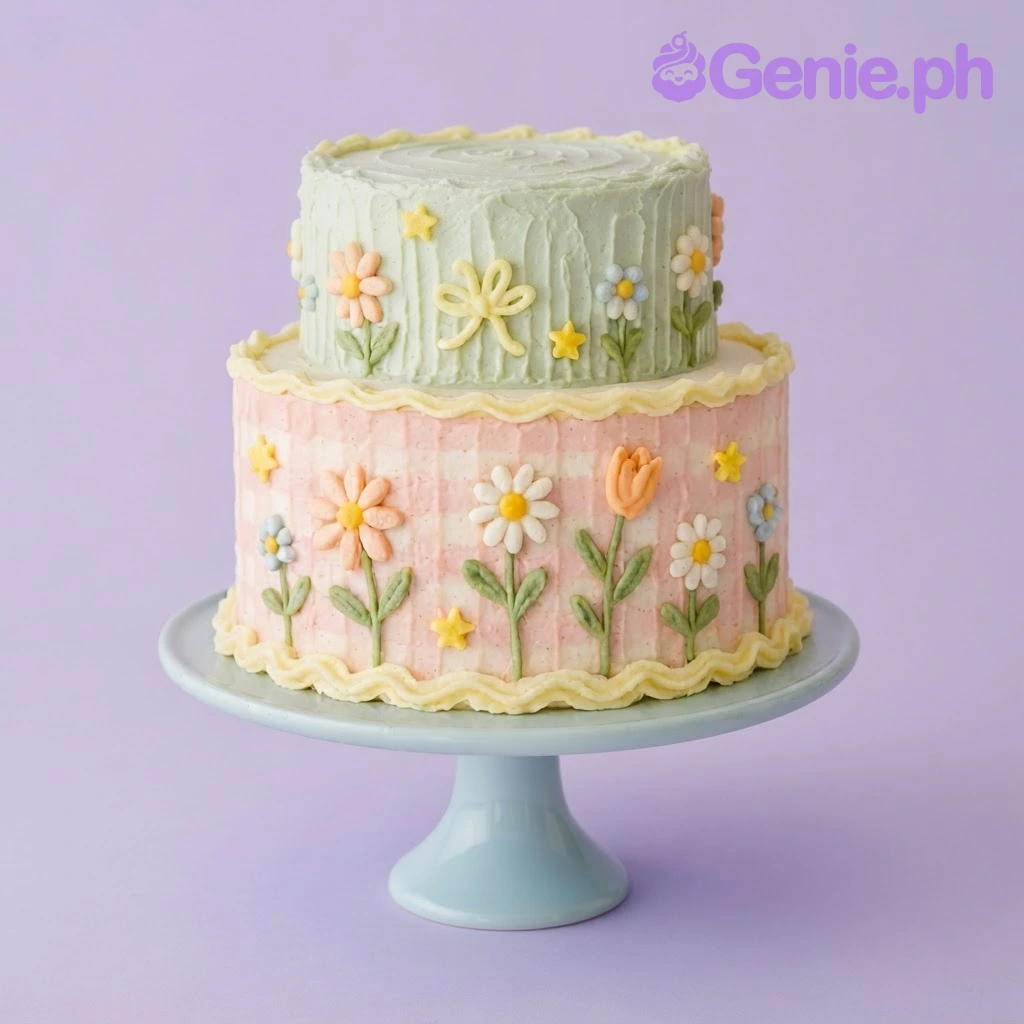 Pastel Floral 2-Tier Cake Pink and green 2-tier soft icing cake with plaid side pattern, piped yellow borders, and fondant flowers