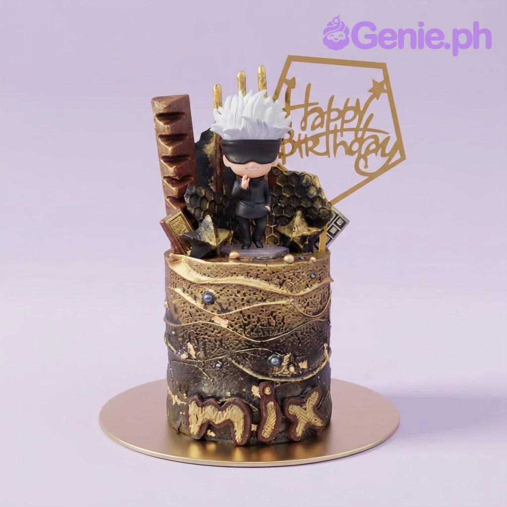 Gojo-Inspired Anime Birthday Cake Black and gold 1-tier tall cake with a Satoru Gojo anime figurine, acrylic topper, and gold leaf accents