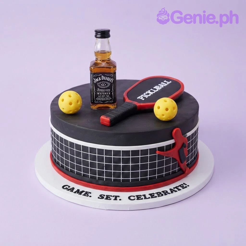 Pickleball Whiskey Black Birthday Cake Black 1-tier fondant pickleball themed cake with a miniature whiskey bottle, paddle topper, and net side panel
