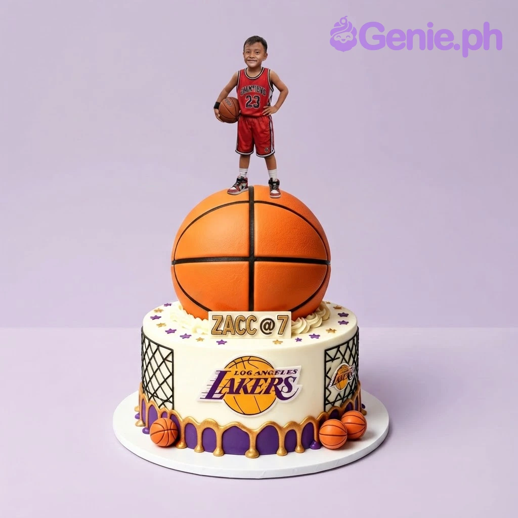 Basketball White Birthday Cake White 1-tier basketball birthday cake with a large fondant basketball, portrait cutout, and Lakers branding