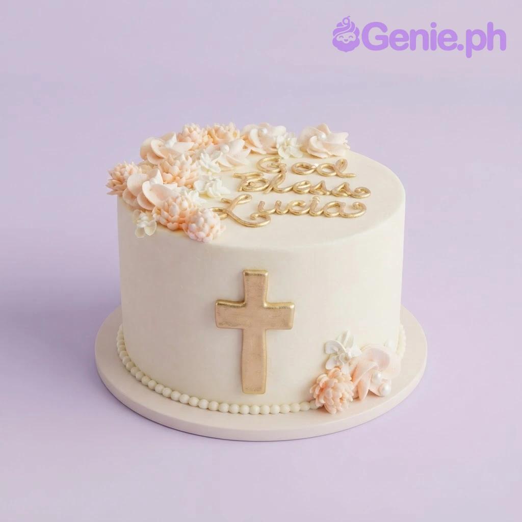 Christening Ivory Floral Cake Ivory 1-tier christening cake with a gold fondant cross, peach sugar flowers, and gold message lettering