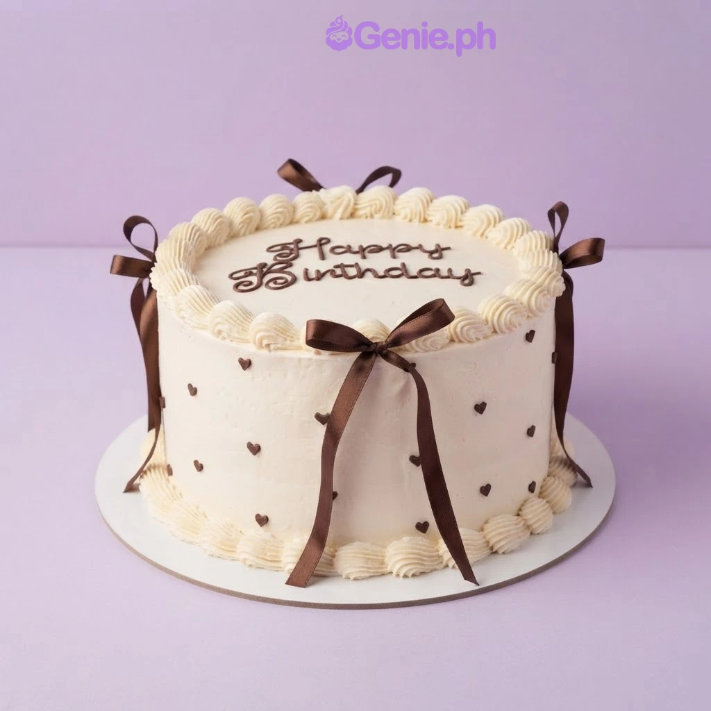 Ivory 1-tier cake with soft icing, brown satin ribbon bows, piped borders, and small brown heart accents