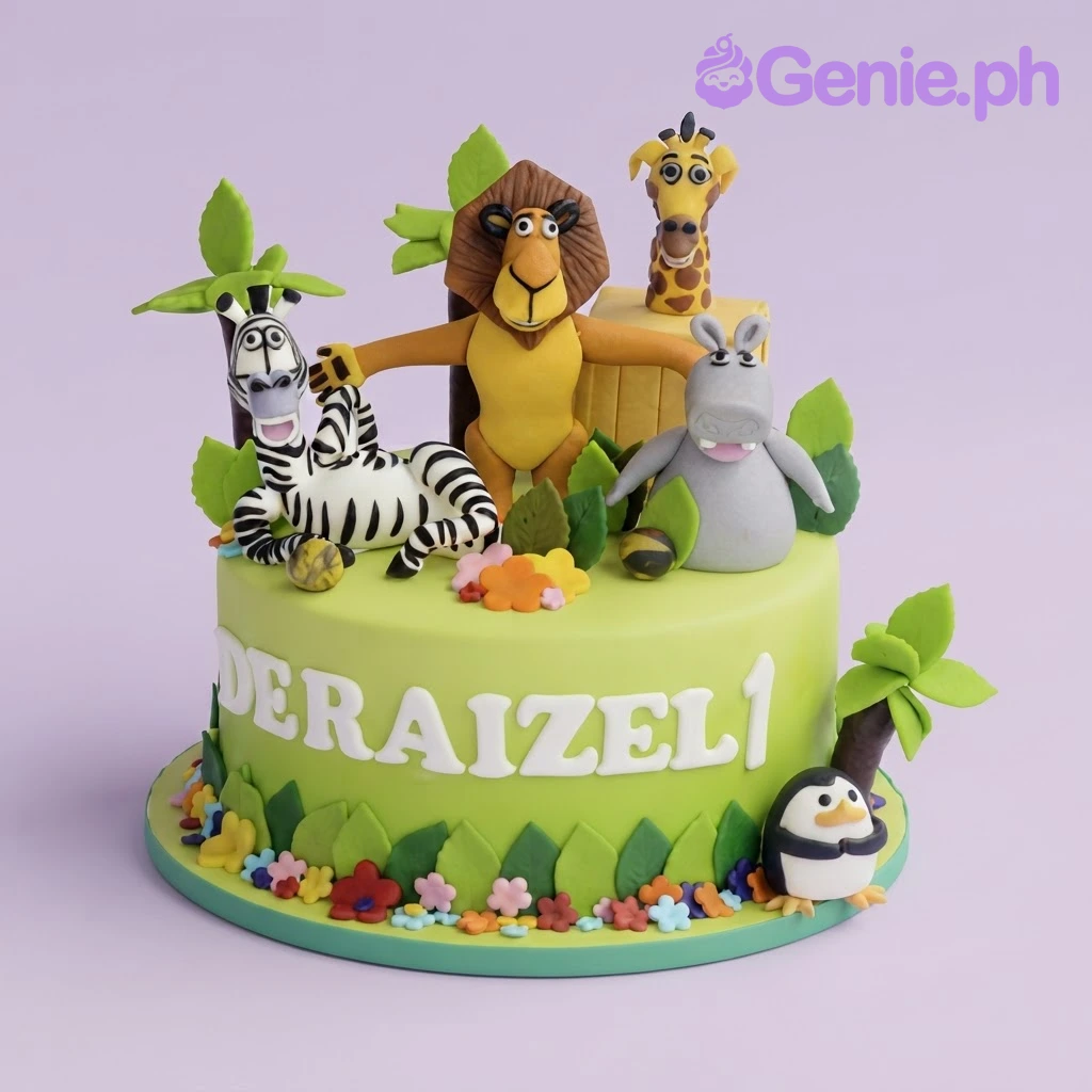 Madagascar-Inspired Birthday Mint Floral Cake Light green fondant cake featuring Madagascar character figures, fondant palm trees, and colorful flower accents