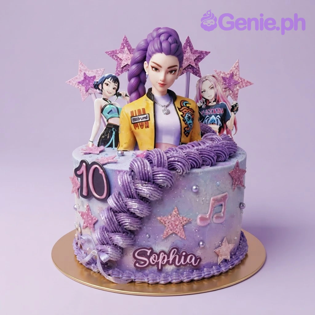 Pop Star Lavender Glitter Birthday Cake Lavender and purple 1-tier soft icing cake with a pop star character printout, a piped hair braid, and glitter star toppers