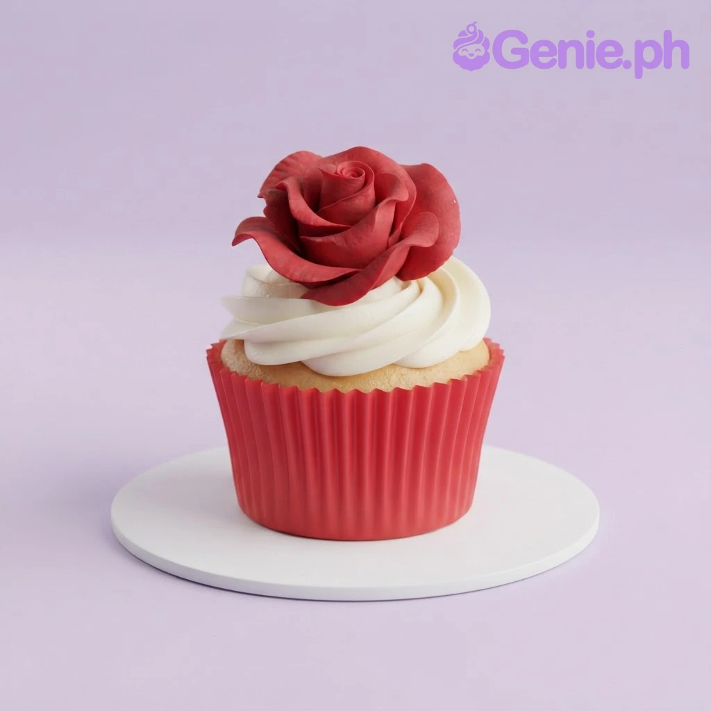 Rose Cup White Floral Cupcakes White frosted cupcake with a large red fondant rose topper in a bright pink cupcake liner