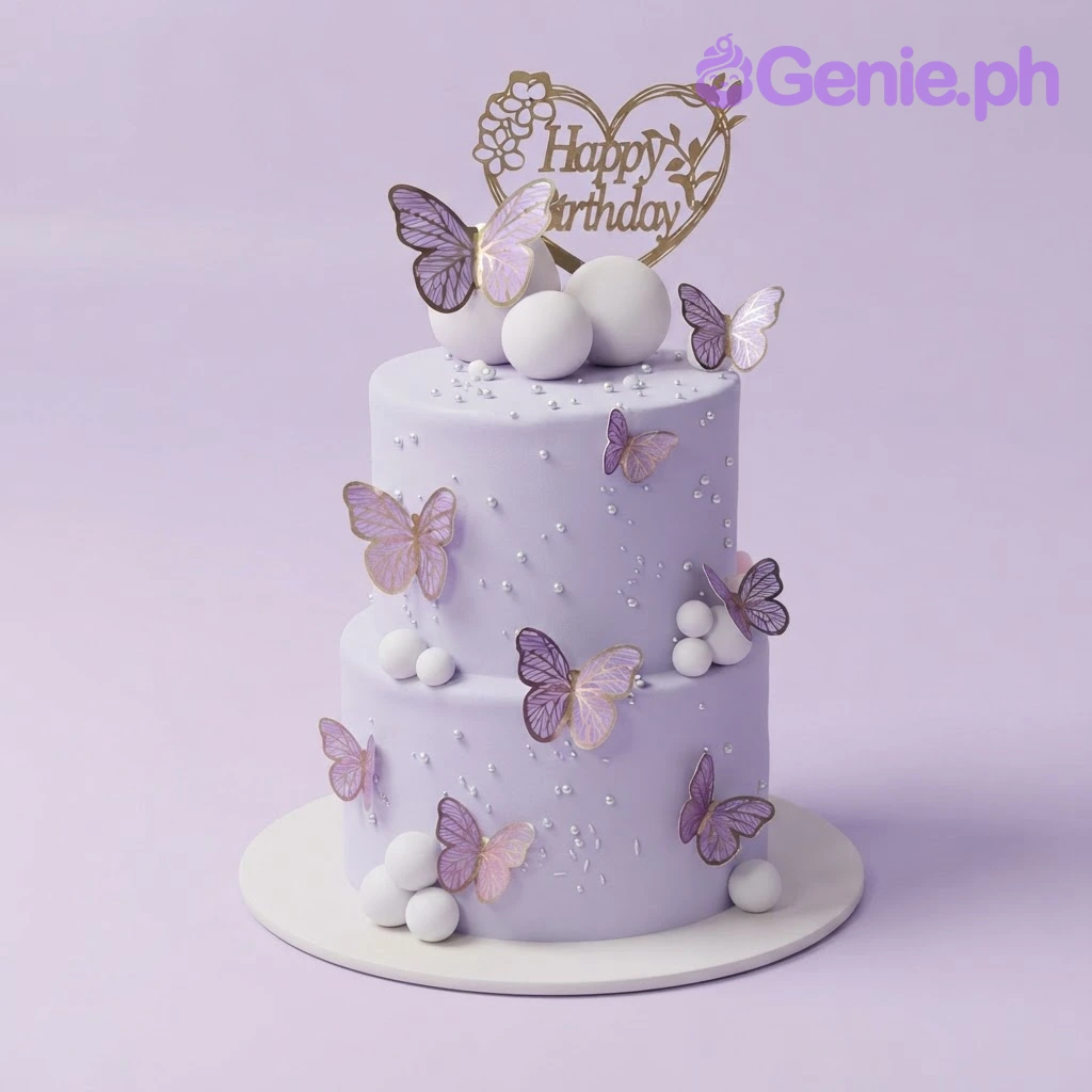 Butterfly Lavender 2-Tier Birthday Cake Lavender 2-tier soft icing cake with purple butterfly printouts, lavender fondant spheres, and a gold Happy Birthday cardstock topper