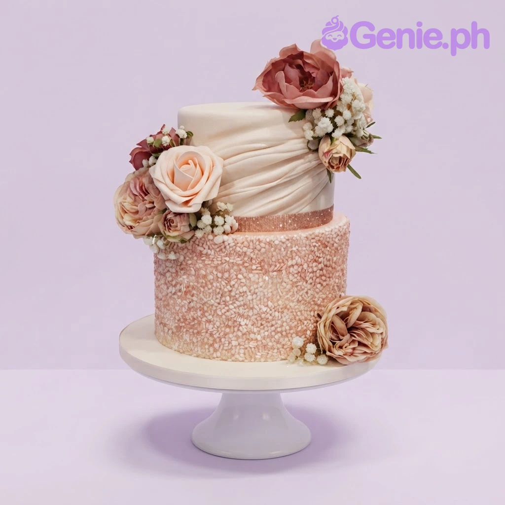 Rose Gold Floral 2-Tier Cake Rose gold and champagne 2-tier fondant cake with textured ruffles, sequin tiers, and edible rose clusters