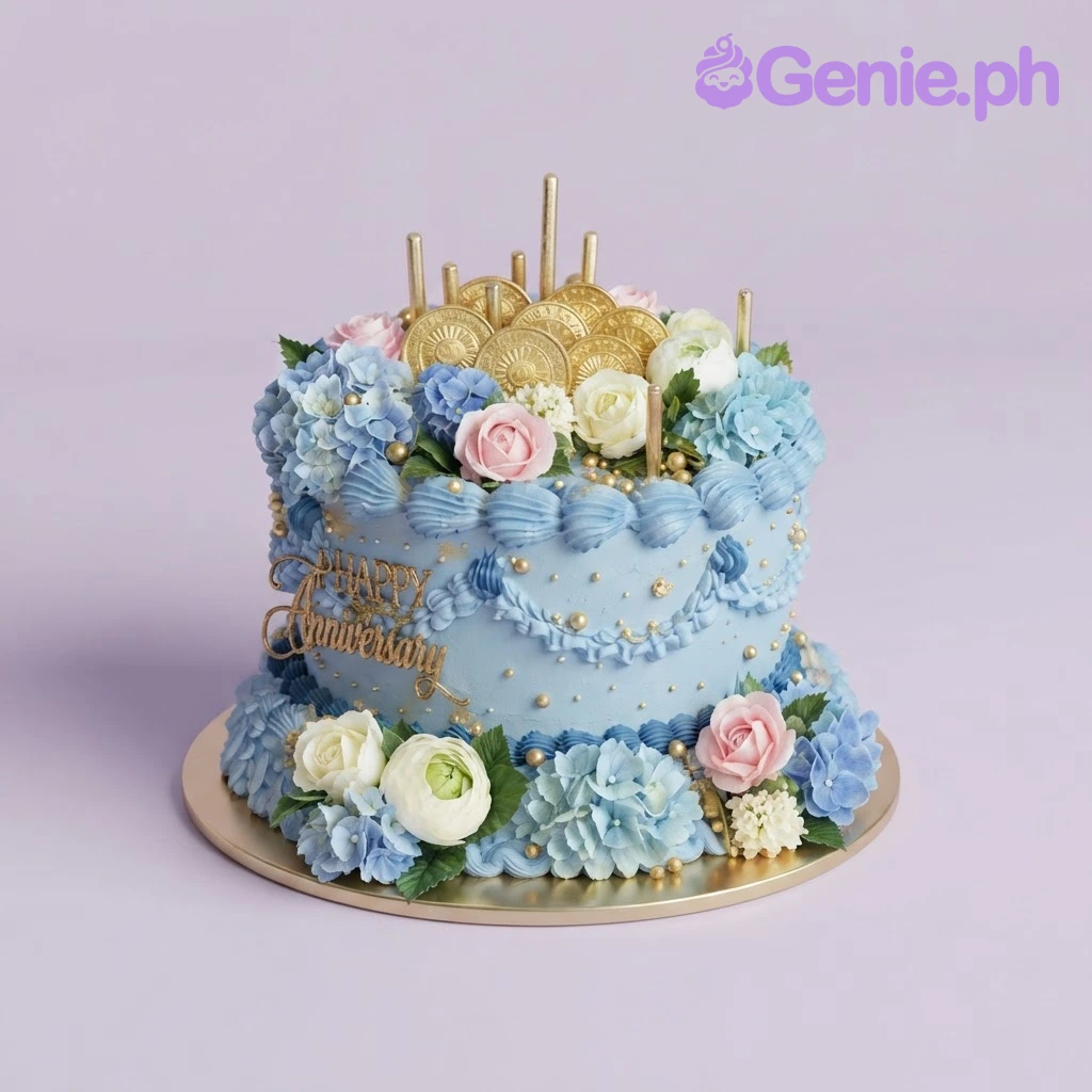 Blue Floral Birthday Sky Blue 2-Tier Cake Light blue 2-tier soft icing birthday cake with blue hydrangeas, pink roses, and gold coin toppers