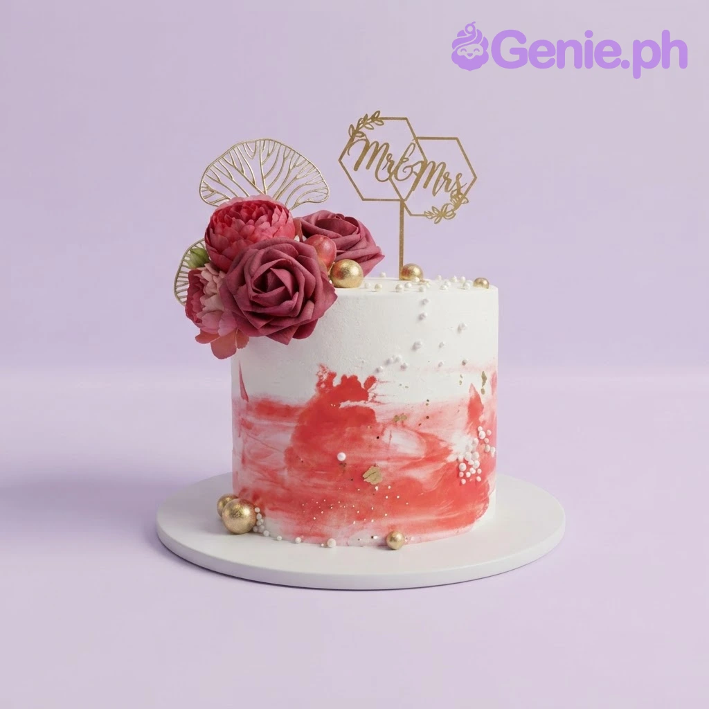Wedding Minimalist Floral Cake White 1-tier cake with red watercolor icing, red roses, gold spheres, and a Mr and Mrs cardstock topper on a floral wreath base