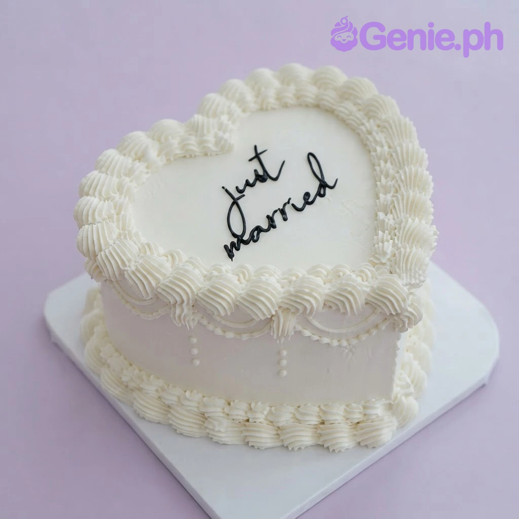 Heart Wedding White Cake White heart-shaped cake with smooth soft icing, piped shell borders, and black piped script text