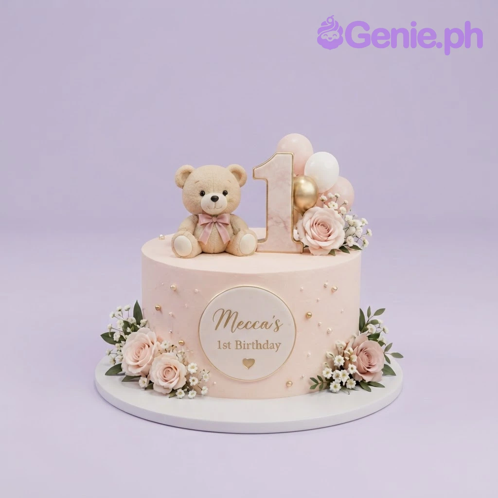 Teddy Bear Peach Bow Birthday Cake Peach 1 tier soft icing birthday cake with a teddy bear topper, number one acrylic, and pastel roses
