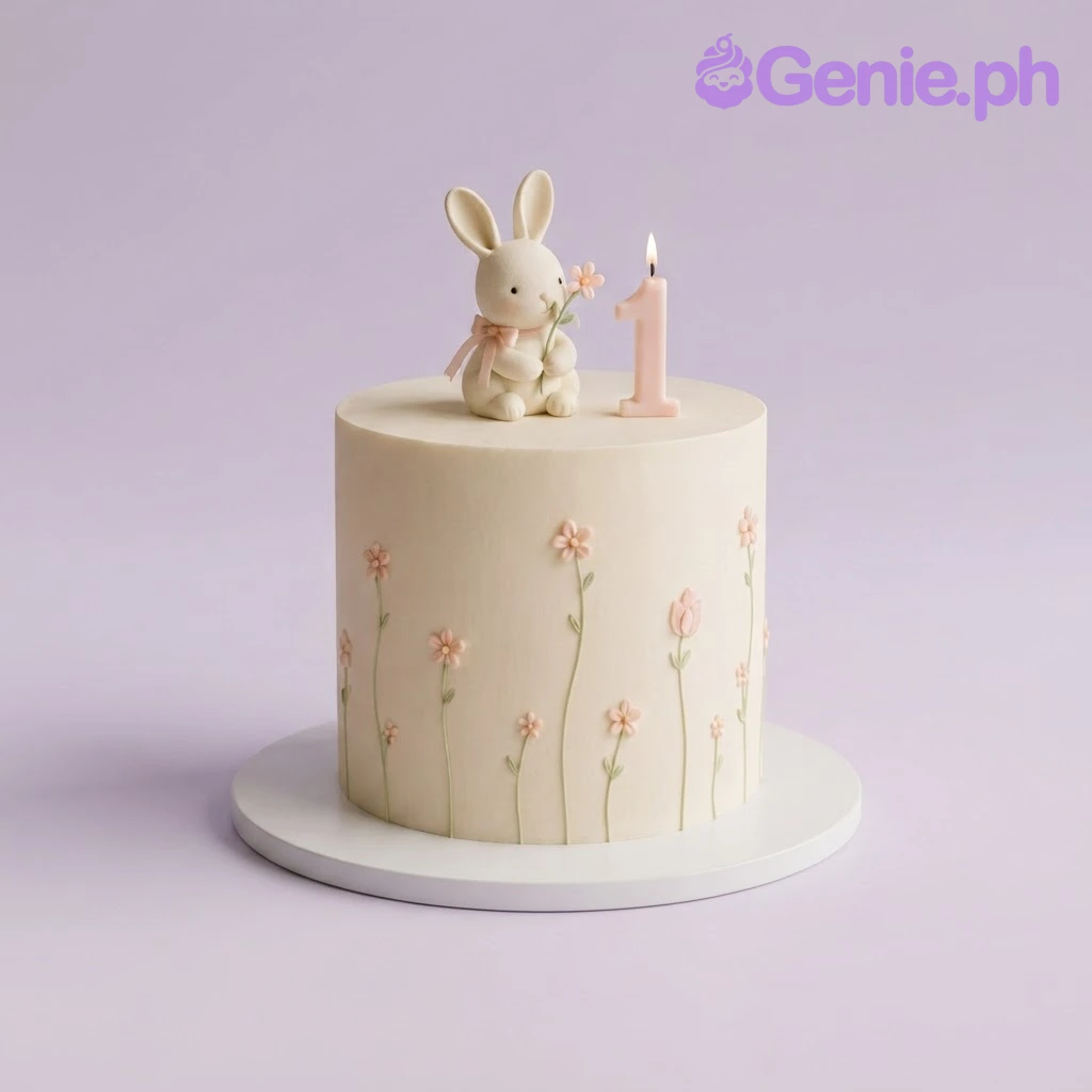 Soft Bunny Ivory Bow Birthday Cake Ivory 1-tier soft icing birthday cake with a sculpted bunny figurine, a number one candle, and pink flower stems