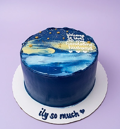 30th birthday, blue gold 1 Tier - blue, yellow, white theme with abstract blue, white, and yellow brush strokes