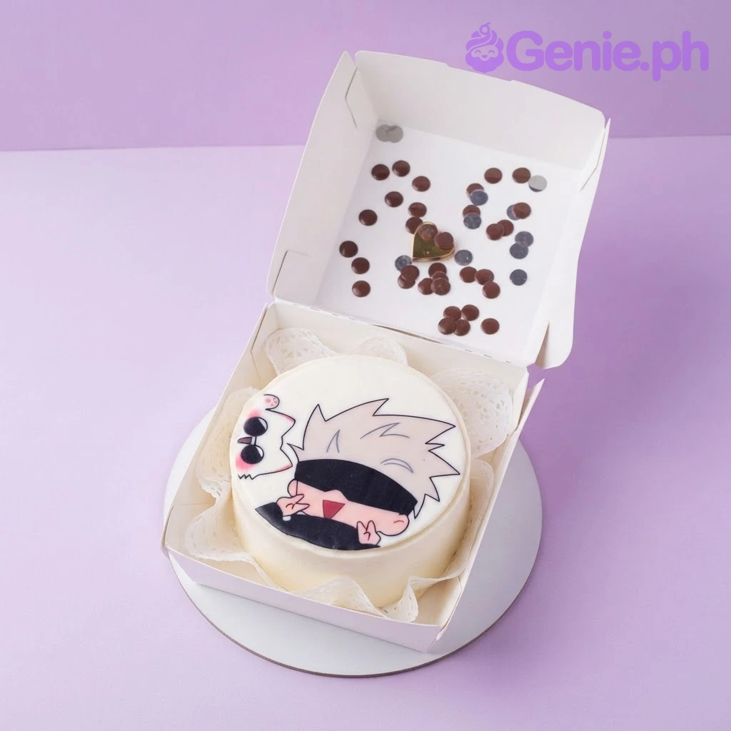 Anime Bento White Cake White bento cake with smooth soft icing, anime character top, and perimeter wafer-paper strips